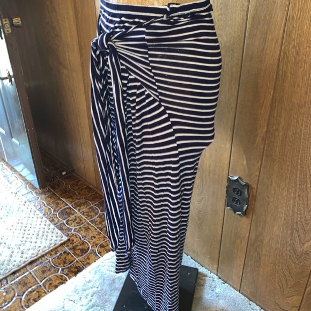 Micro-Striped Tie Wrap Maxi Skirt - Navy/White, Size S - Picture 8 of 16
